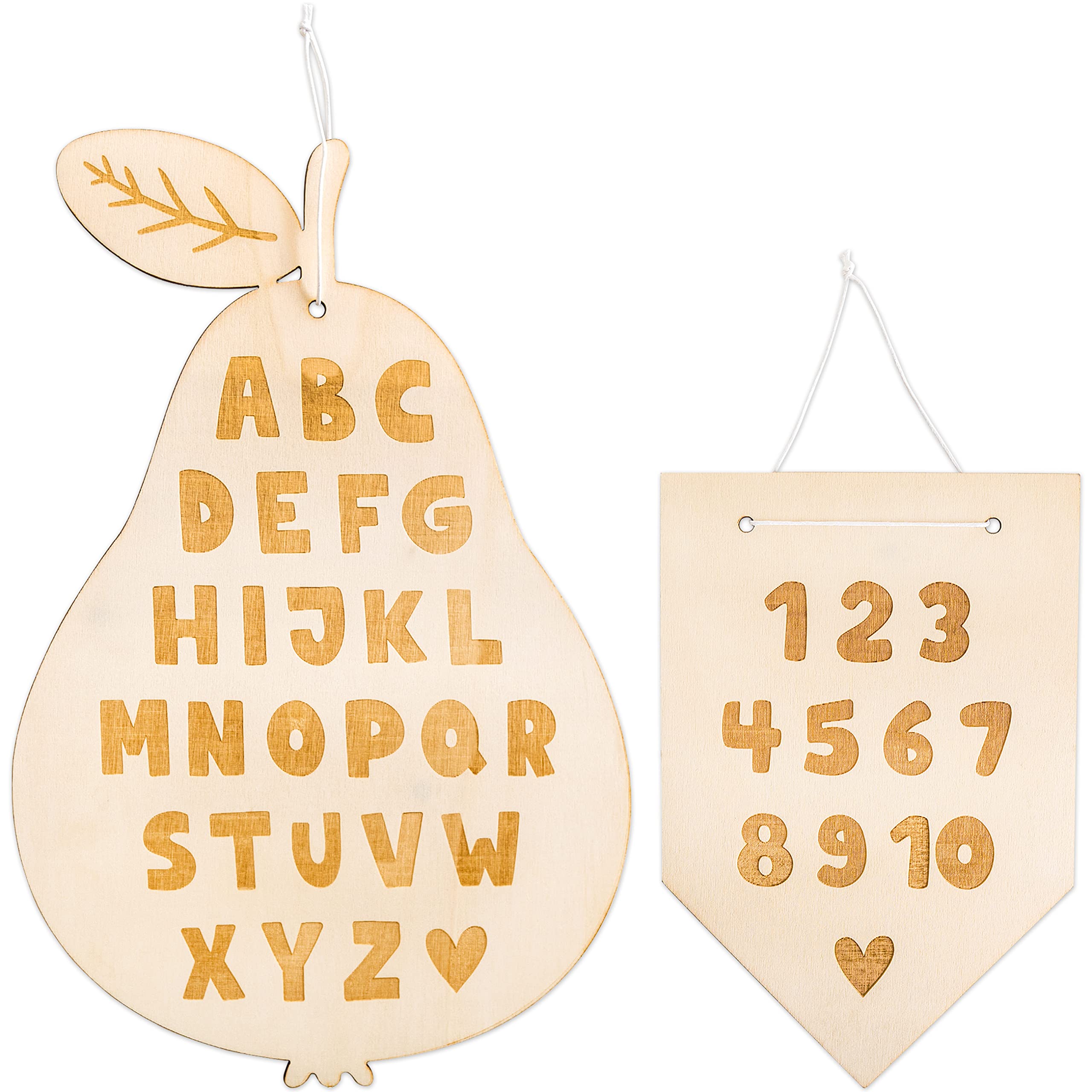 Papierdrachen Set of 2 Engraved Wooden Signs - Bunting with Numbers from 1-10 and Pear with the Alphabet - Gift for First Graders to Start School - Great Decoration for the Kids or Classroom - Set 1