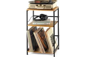 2BHOME Record Player Stand, Vinyl Record Storage Holder 3-Tier Holds up to 90-100 LPs, Metal Vinyl Record Organizer Stand with Removable Dividers, Functional Vintage Turntable Stand for Living Room/Bedroom