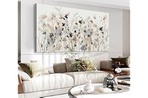 Framed Flower Canvas Wall Art Abstract Grey Cream Brown Wildflowers Canvas Pictures Blossom Artwork Prints for Home Living Ro