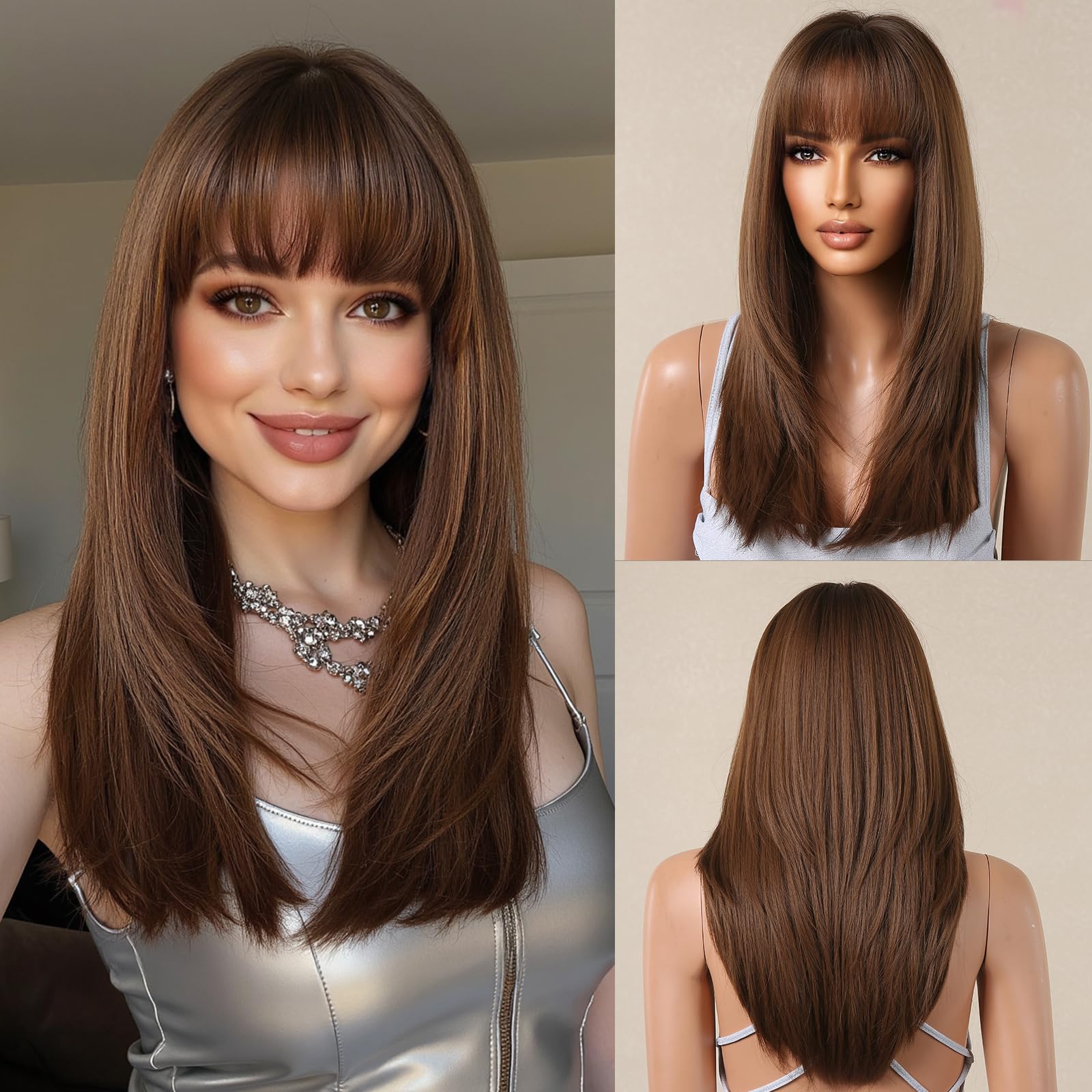 Testar Dark Honey Brown Wig, Medium, 22IN, Straight, Heat Resistant, Breathable, Bangs, Lightweight โ image 1
