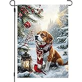 Winter Dog Garden Flag 12x18 Inch Double Sided, Burlap Holiday Farmhouse Rustic Snow Beagle Garden Flags Winter Decorations, Small Christmas Outdoor Yard Lawn Flags for Outside Décor