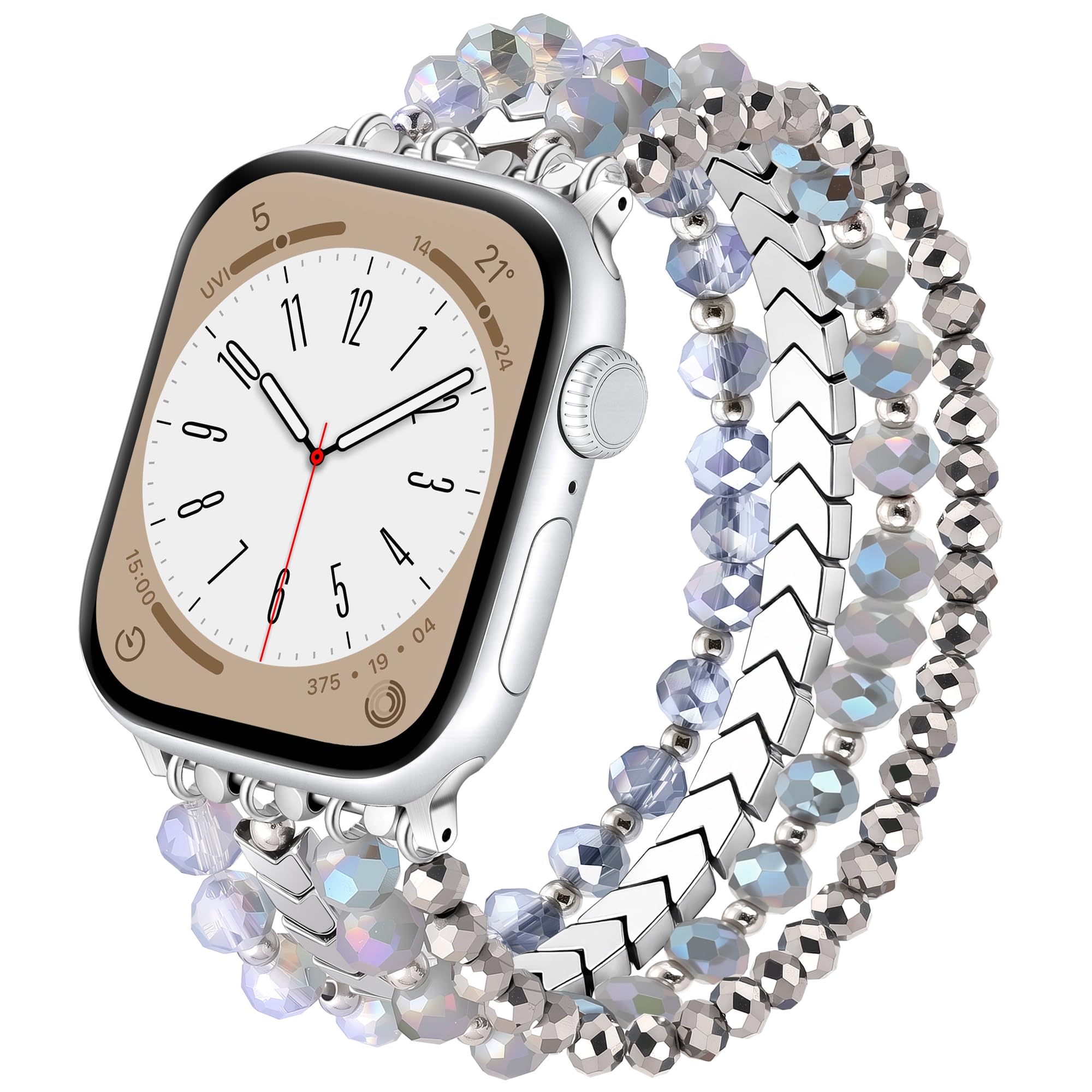 Lerobo Beaded Bracelet Band Compatible with Apple Watch Bands 42mm/41mm/40mm/38mm for Women Girl, Dressy Stretchy Cute Smartwatch Strap for iWtach Series 11 10 9 8 7 6 5 4 3 SE 3 2 1, Blue/Silver