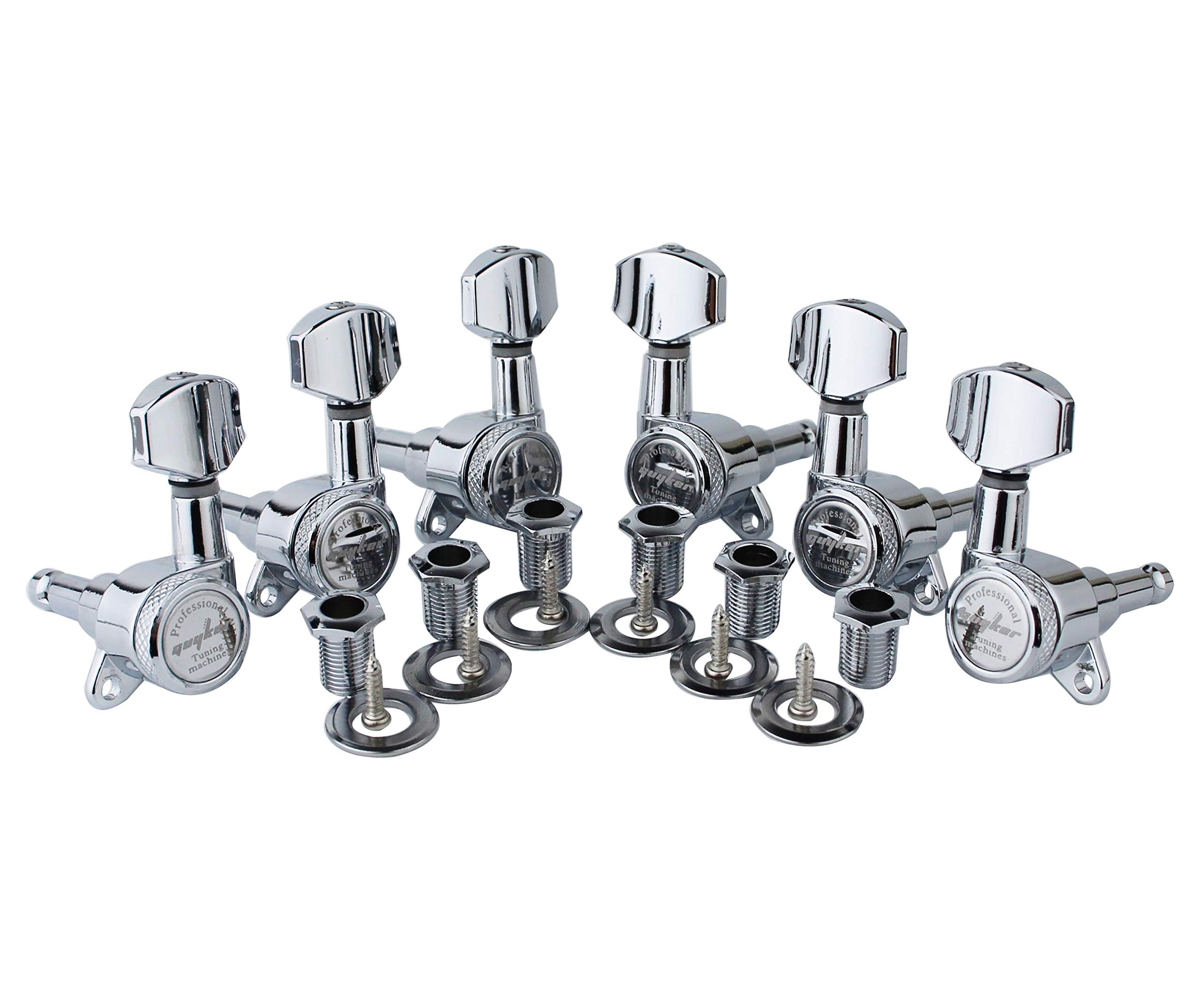Guyker Guitar Locking Tuners (3L + 3R Handed) - 1:18 Lock String Tuning Key Pegs Machine Head with Hexagonal Handle Replacement for ST TL SG LP Style Electric, Folk or Acoustic Guitars - Chrome
