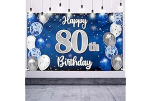 Nelbiirth Happy 80th Birthday Decorations,80th Blue & Silver Balloon Large Birthday Banner Backdrop Sign,Cheers to Eighty Years Old Bday Party Supplies.
