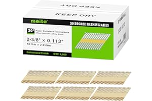 meite 30 Degree Framing Nails 2-3/8 Inch x .113 Inch, Ring Shank, Electro-Galvanized Coated, Paper Tape Collated, Offset Round Head Framing Nails for 30-34 Degree Framing Nailers (1,000 Counts)