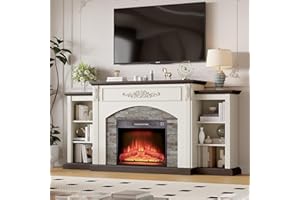 BOSHIRO 72" Electric Fireplace with Mantel, White TV Stand for TVs Up to 80 Inch, Farmhouse Entertainment Center with Storage for Bedroom,23'' Fireplace Insert Heater for Living Room