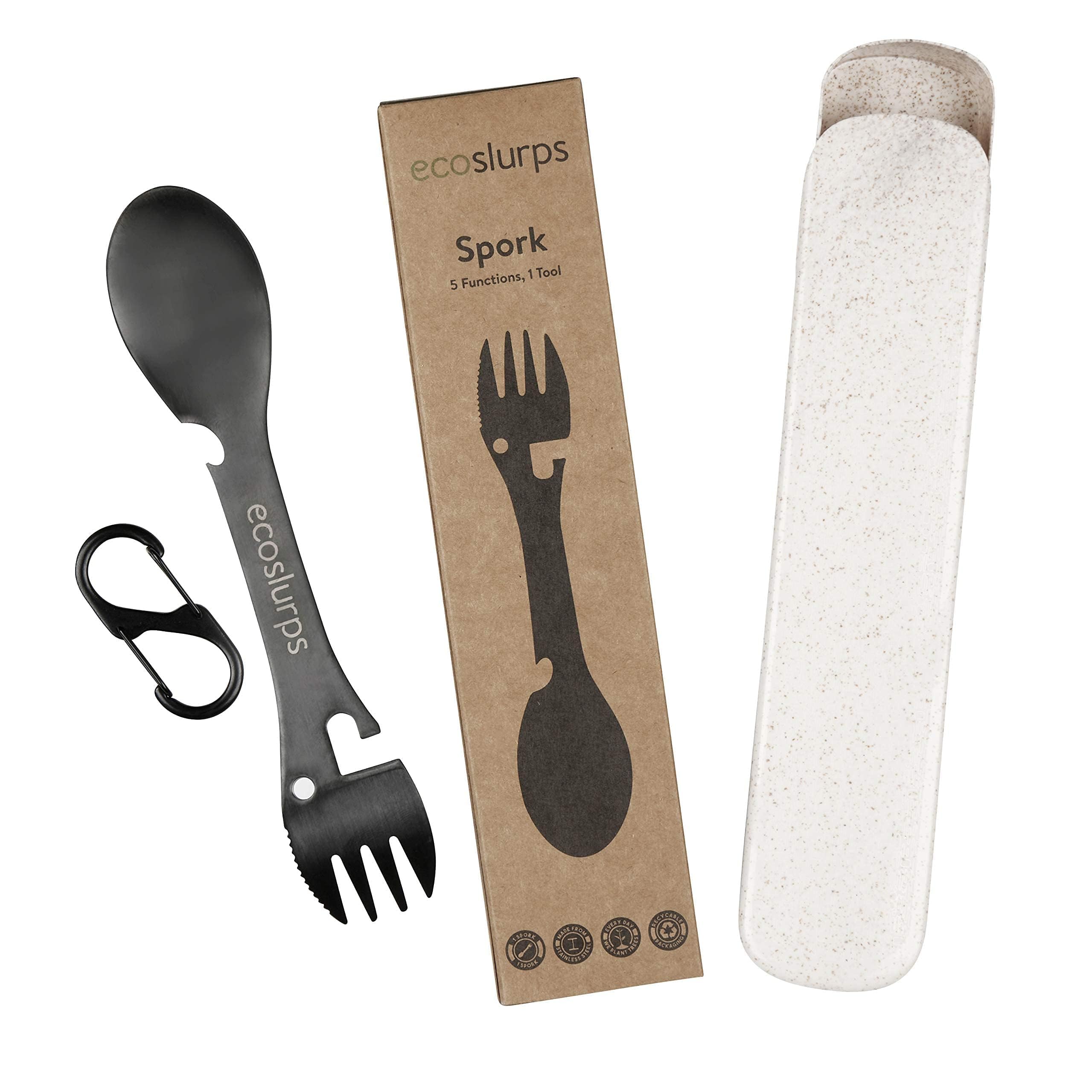 EcoSlurps Spork 5 in 1 Camping Cutlery Set Made from Recycled Strong 304 Grade Stainless Steel Comes in Eco-Friendly Travel Case and Carry Clip Black Titanium Metal Coating UK British (1 Spork Set)