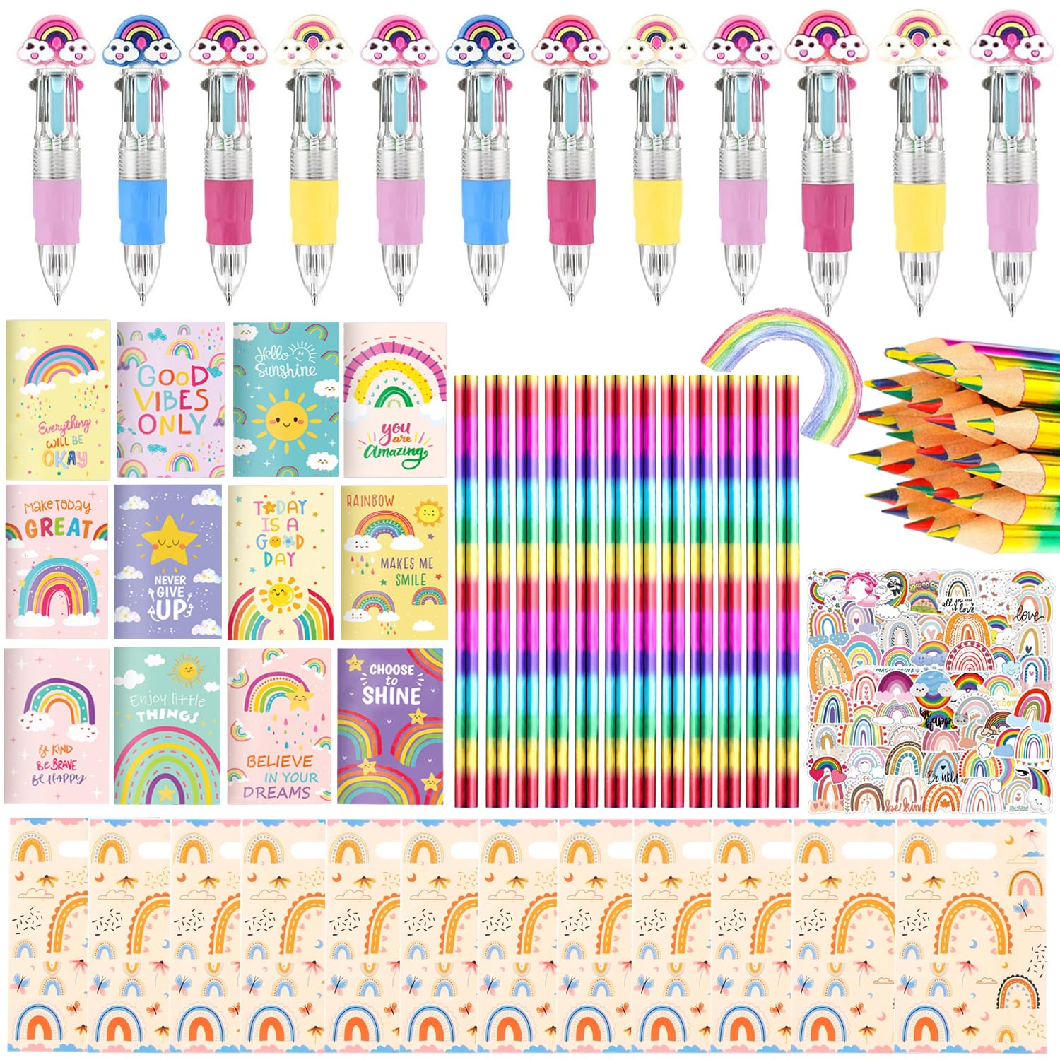 Anprola Rainbow Party Stationery Return Gifts Supplies Set 12 Gift Bags,12 Ballpoint Pens, 12 Notebooks,12 Rainbow Colored Pencils, 60 Stickers for Birthday Party Goodie Bag Fillers Rewards