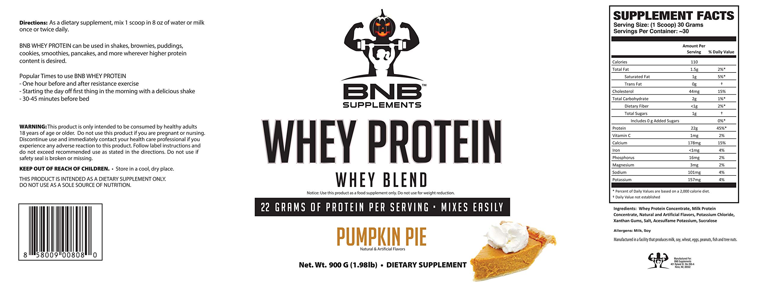 BNB 100% Whey Protein - Pumpkin Pie Flavor - 21g of Protein per Serving - 30 Servings - Mixes Easily - Delicious Protein Recovery Shake - by BNB Supplements