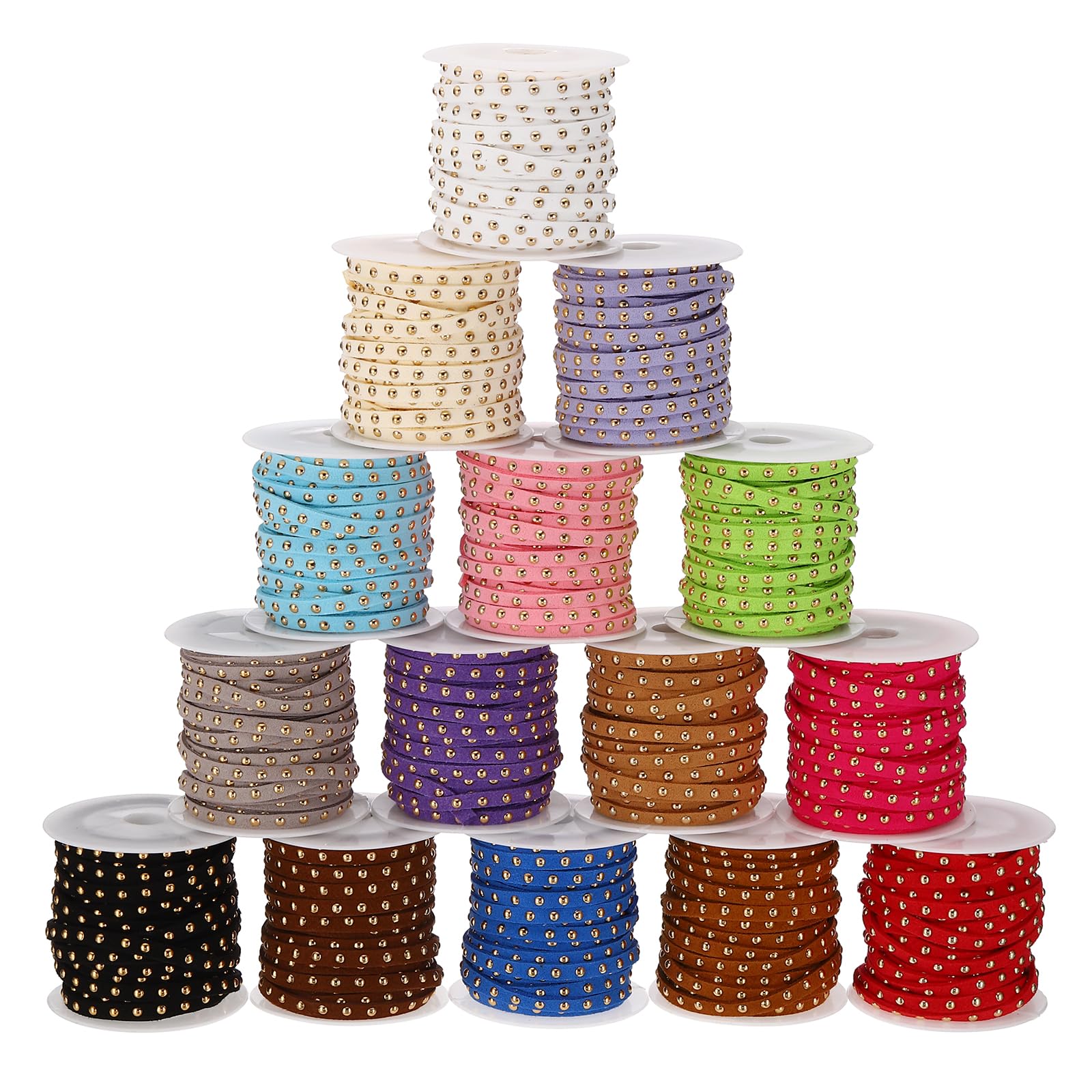 PATIKIL 82 Yards 15 Color Studded Faux Suede Cord Rope for Jewelry Making, 15Pcs Each 5 Meter 5mm Micro Fibre Flat Leather Lace Beading String Ribbon with Golden Rivets