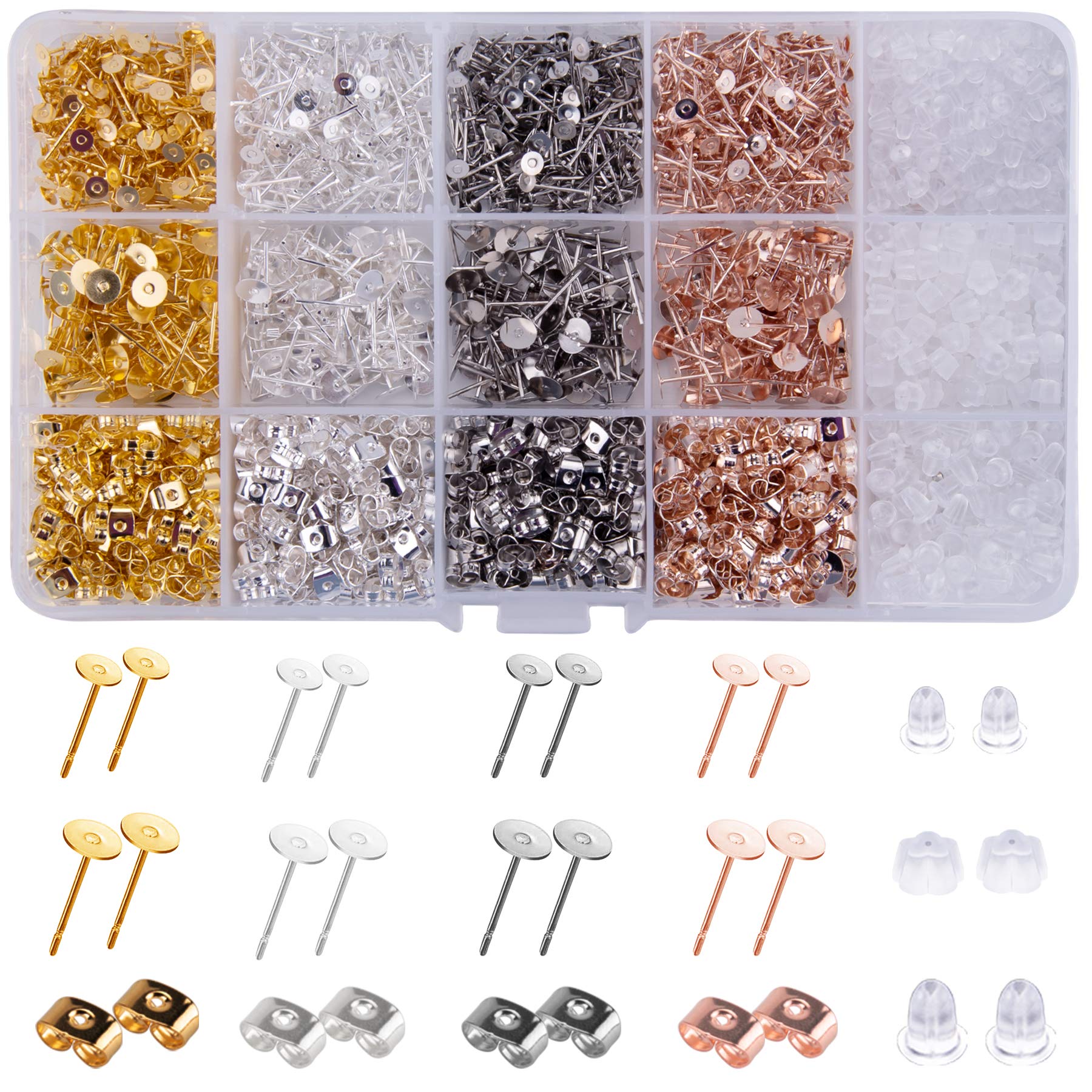 BQTQ 2600 Pieces Stainless Steel Flat Pad Stud Earrings with Stainless Steel and Plastic Earring Back for Earring Making, 4 Colours