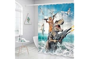 GRTUSPR Cat Dinosaur Shower Curtains for Boys, Funny Animal Riding Dino Fighting on Blue Ocean Shower Curtain Sets with Hooks, Hilarious Kids Men Cool Bathroom Set Accessories Decor Beach Theme Curtains