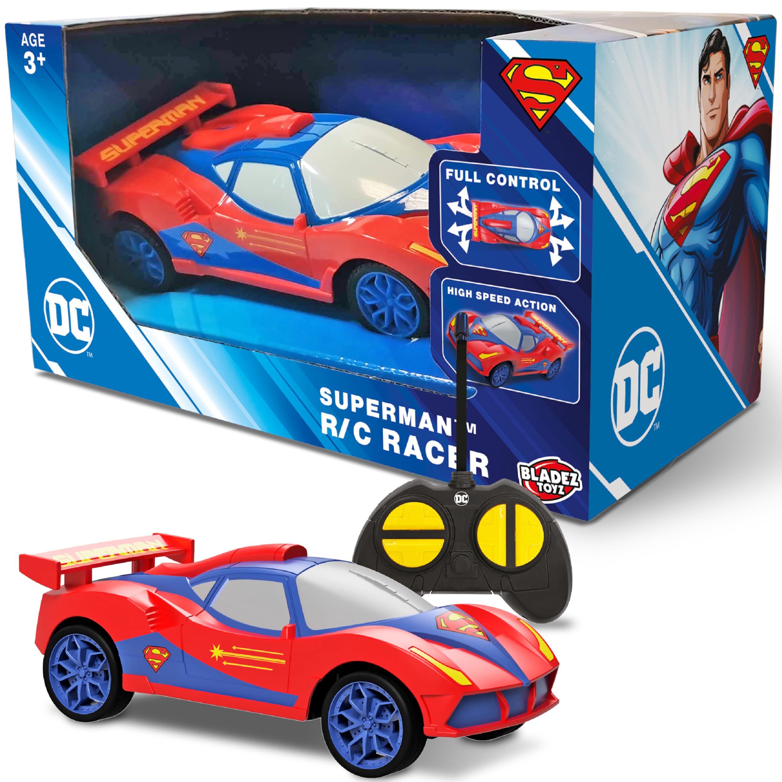 BLADEZ Superman Remote Control Car – 1:28 Scale RC Car Racer with Full Function Drive, Rubber Tyres & Easy Handset for Kids Ages 3+ – Official DC Licensed Toy for Racing Fun, RPM Toyz