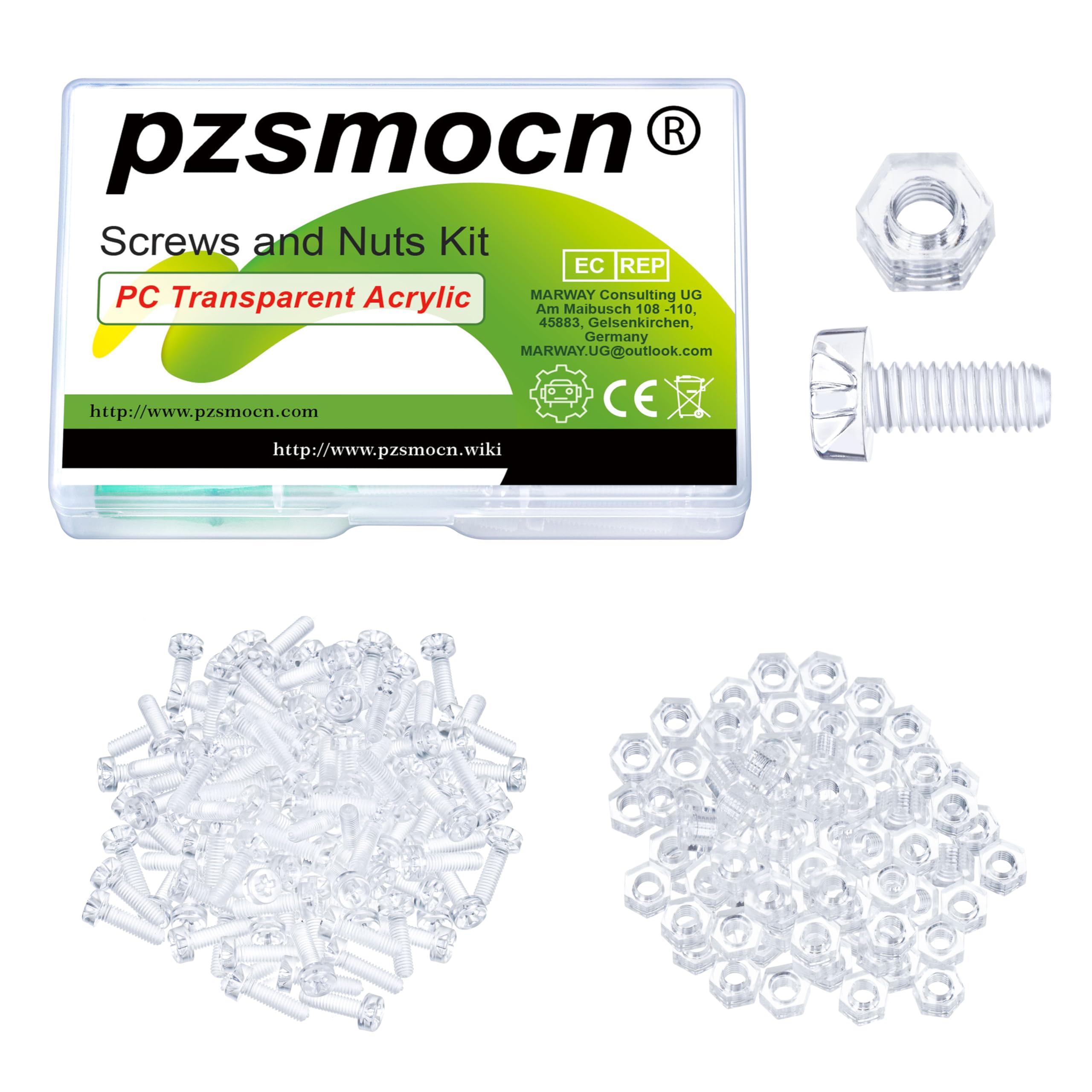 Pzsmocn 200 Pieces/100 Sets M4*10 mm PC Transparent Plastic Cross-recessed Round Head Screws and Hexagonal Nuts Kit, Corrosion-resistant, for DIY, Model and Electronic Product Fixation.