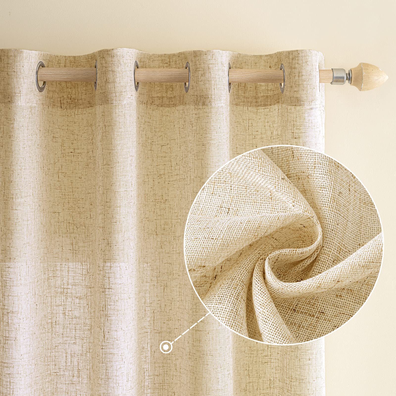 EMEMA Linen Curtain with Eyelets, Linen Look Voile Curtain, Modern Semi-Transparent for Living Room, Kitchen Curtains, Tab-Top Curtain, Children's Room, Set of 2, 140 x 260 cm, Beige