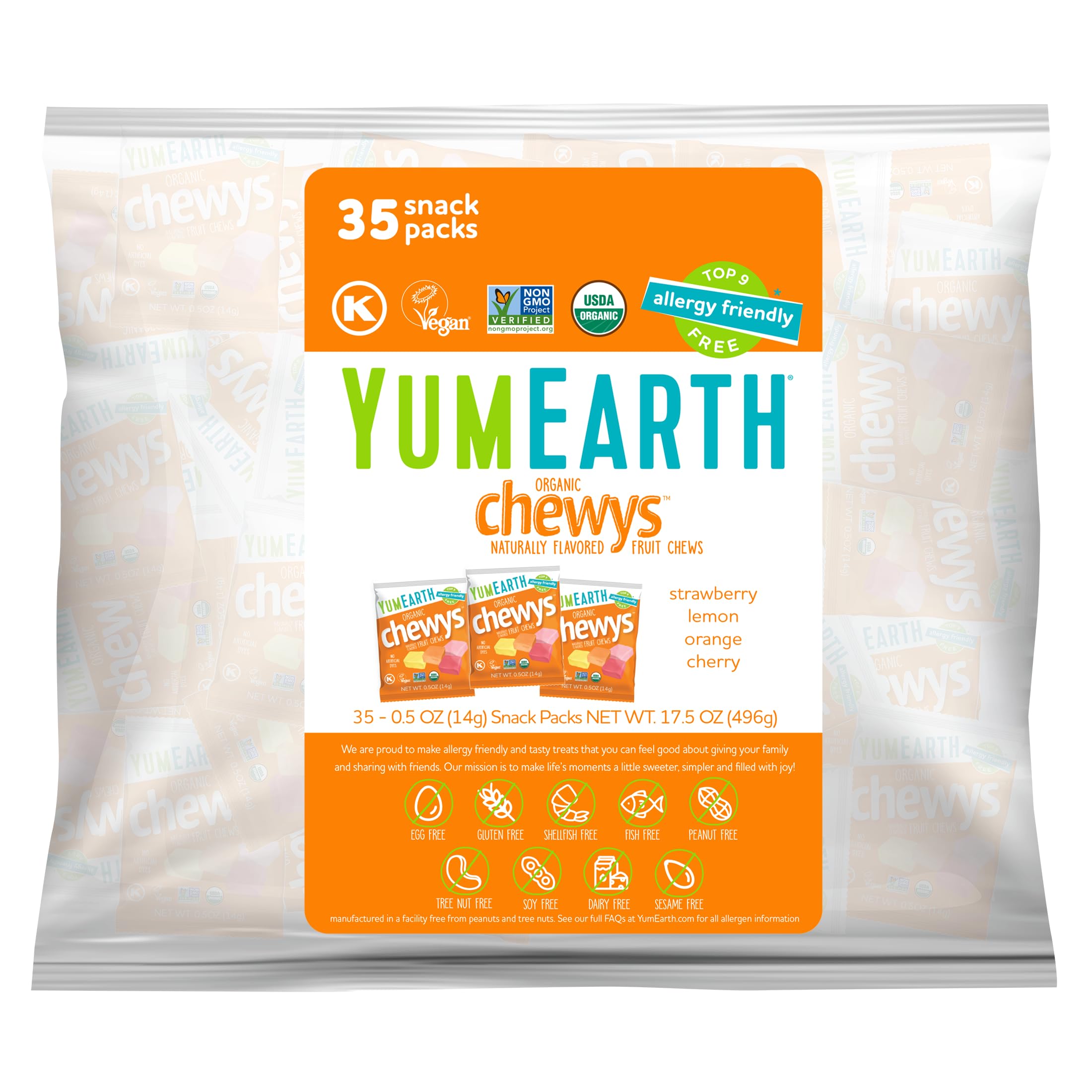 YumEarth Organic Chewys Fruit Flavored Candy Chews - Allergy Friendly, Gluten Free, Non-GMO, Vegan, No Artificial Flavors or Dyes - Assorted Flavors 35ct Bulk Bag Image