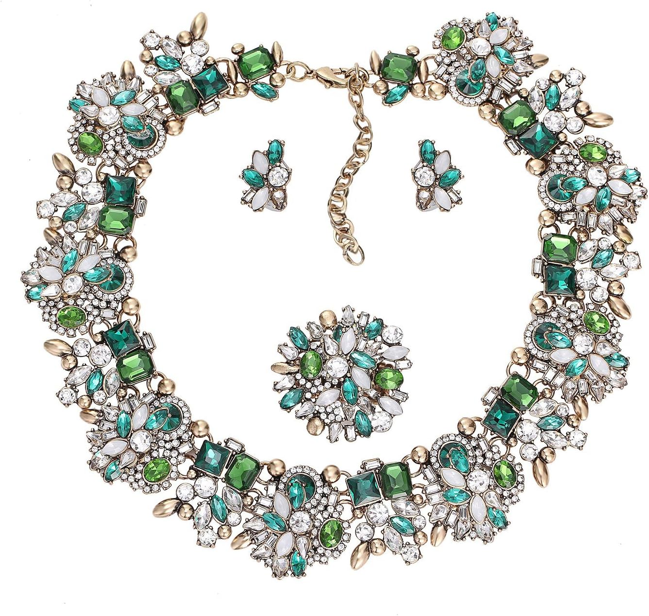 Houda 4 Pieces Bling Crystal Necklace Earrings Ring Jewelry Set for Women