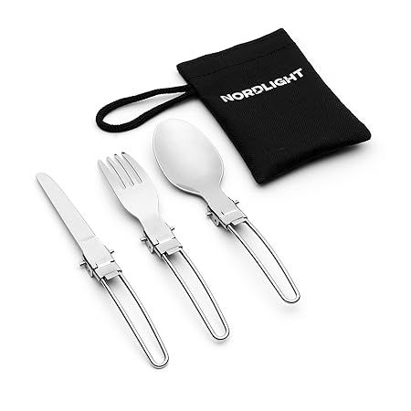 Nordlight Campingbesteckset aus Edelstahl 3teilig Klappbar - Reisebesteck mit Bestecktasche für Ourdoor, Reisen, Trakking ode