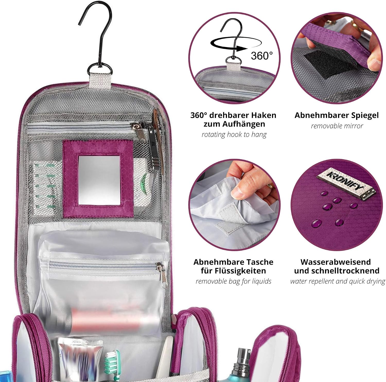 Large Premium Toiletry Bag with Mirror for Men and Women Large Wash Bag XXL Cosmetic Bag Spacious Toilet for Women and Men with Hook (Purple) - Image 4