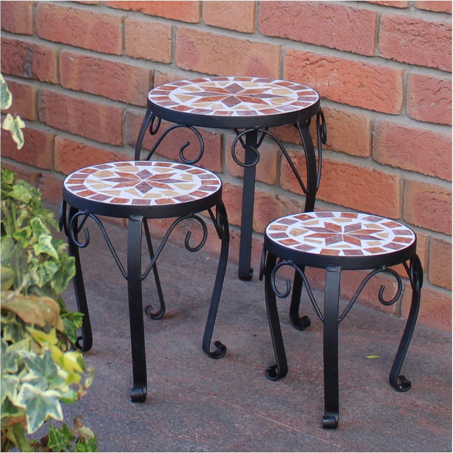 Plant stands set of 3 mosaic round garden patio plant stands, ceramic