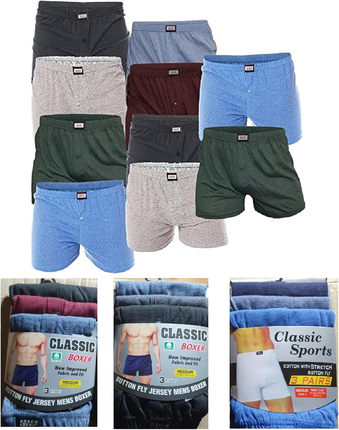 6 Pairs Men's Plain Jersey Boxer Shorts Underwear, Classic Cotton Rich
