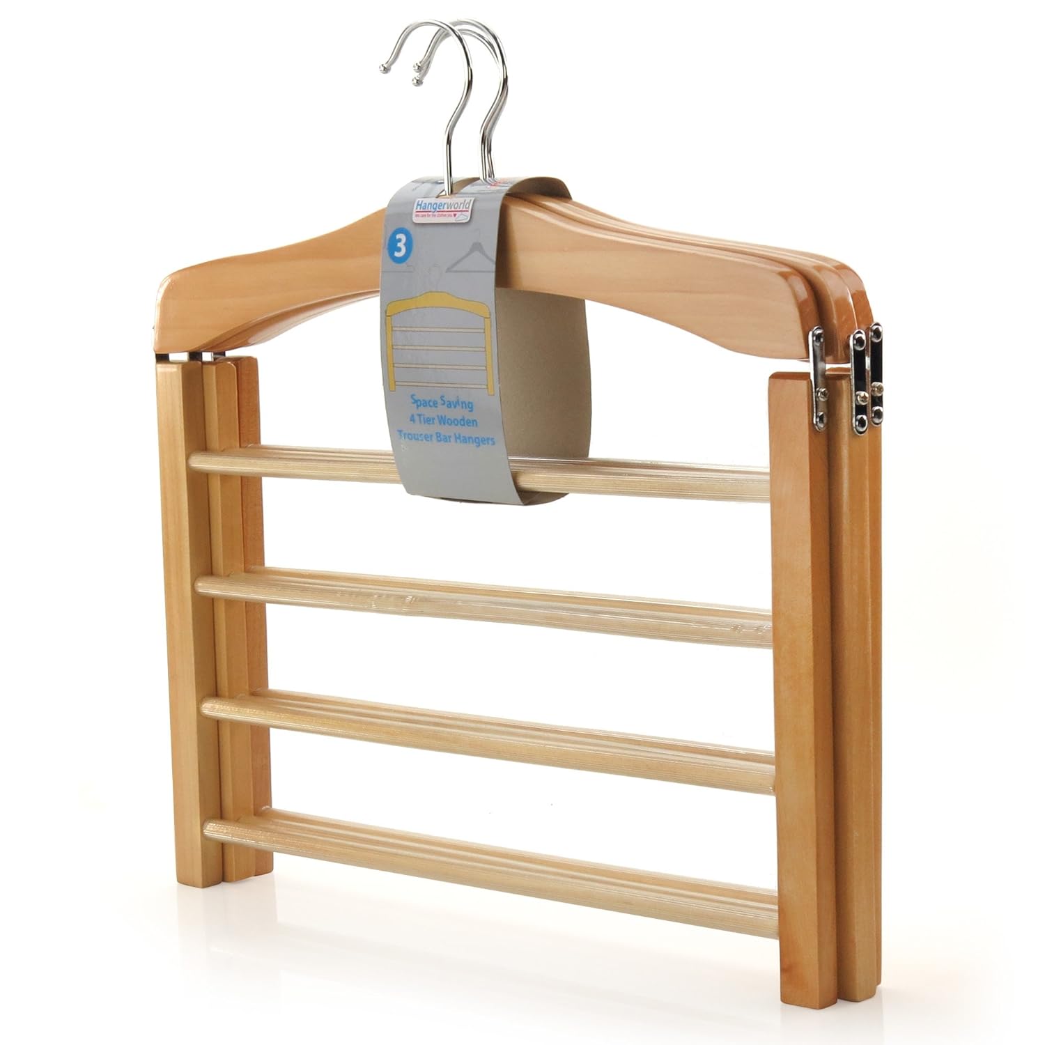 HANGERWORLD Pack of 3 Wooden 4 Tier Trouser Bar Coat Clothes Hangers