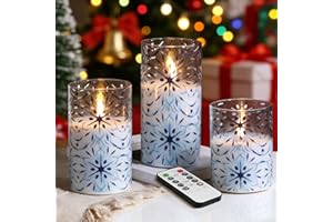 Eywamage Blue Snowflakes Glass Flameless Pillar Candles with Remote, Flickering Battery Christmas LED Candles Set of 3