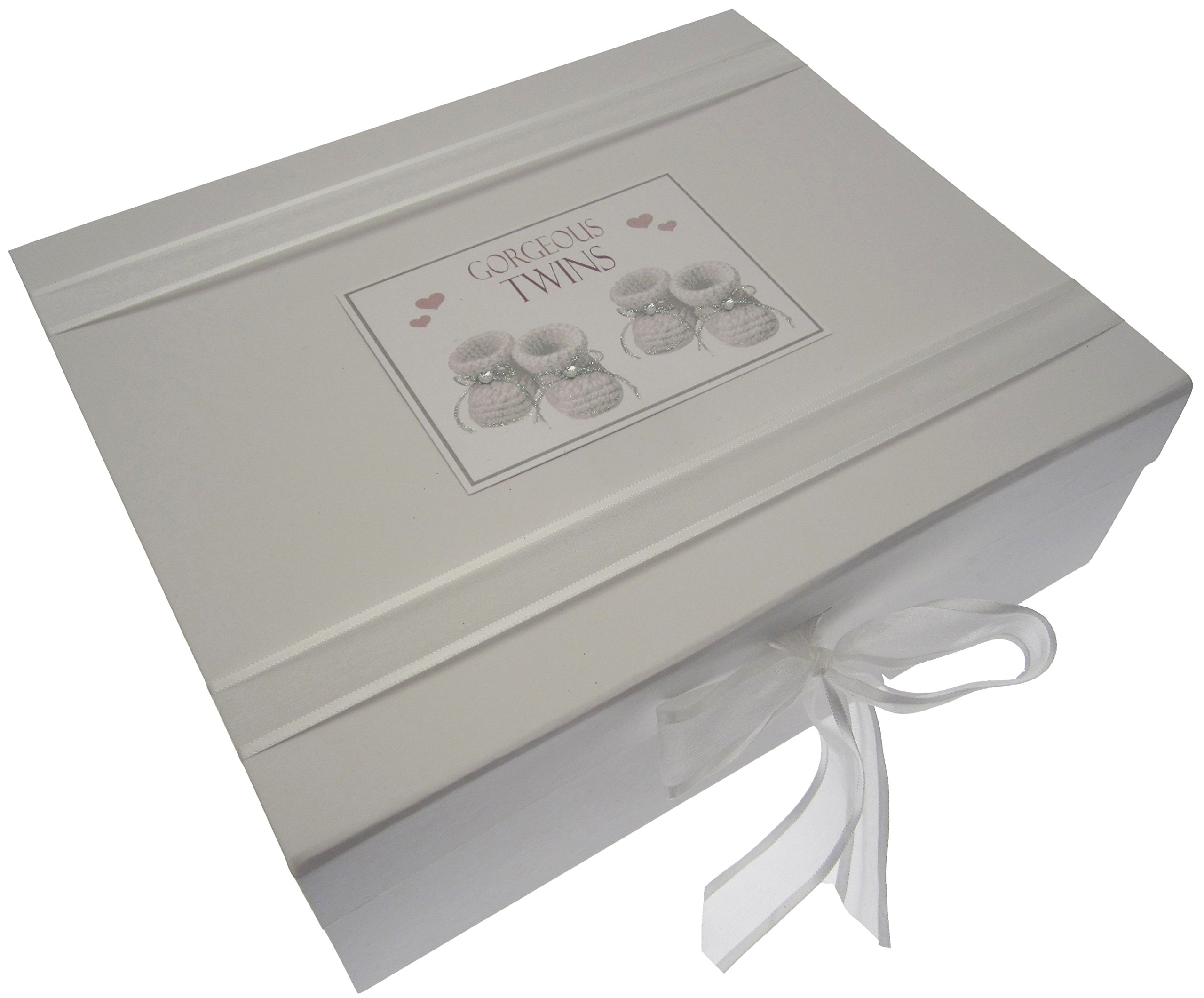 White Cotton Cards Gorgeous Twins, Large Keepsake Box, Silver Booties