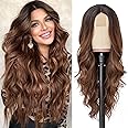 NAYOO Long Ombre Brown Wavy Wig for Women 26 Inch Middle Part Curly Wavy Wig Natural Looking Synthetic Heat Resistant Fiber for Daily Party Use (Ombre Brown)