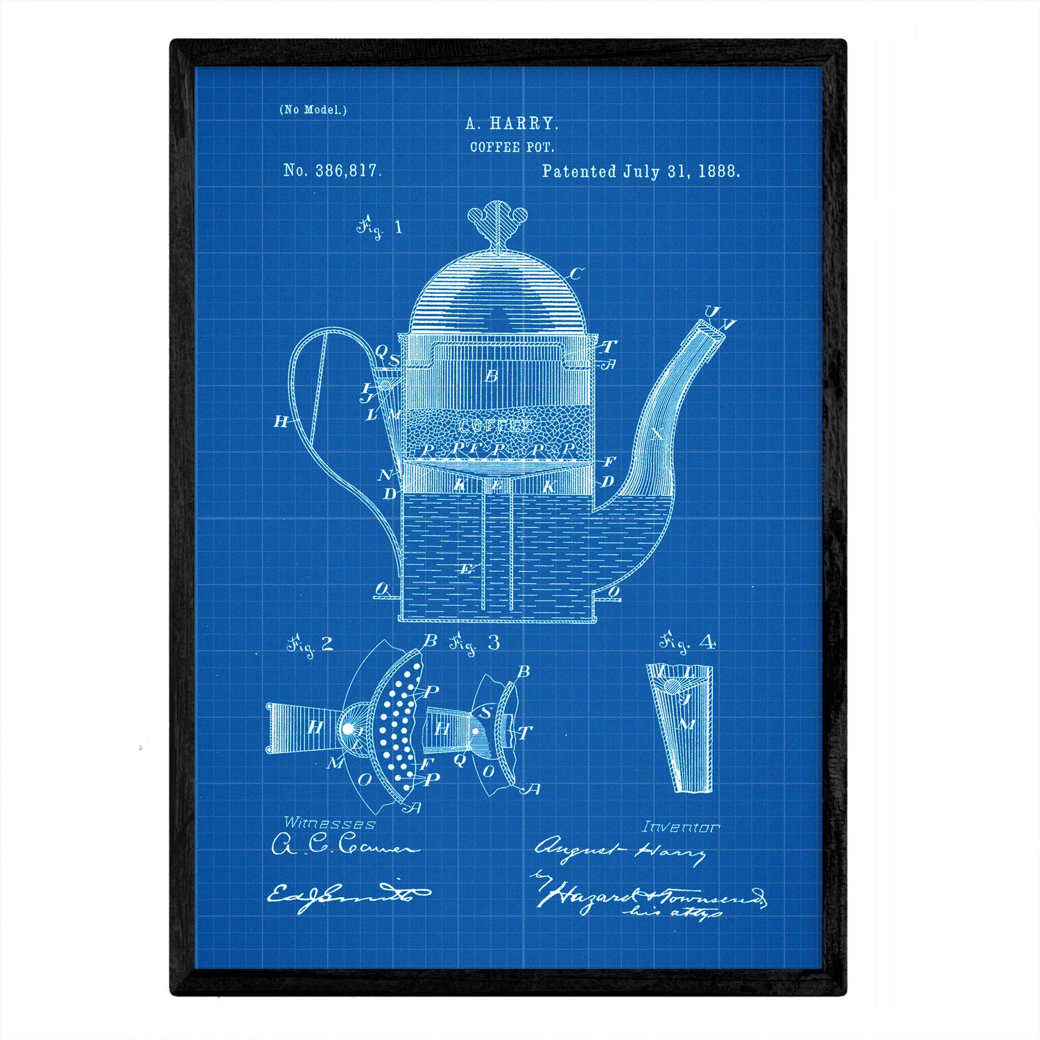 Nacnic Patent Poster with Coffee 1. Foil with old design patent in A3 size with blue background