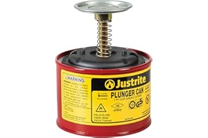 Justrite Plunger Can for Solvents, 1 Pint Capacity, 5.25" x 4.9" Steel Push-Down Solvent Dispenser Can, Made in the USA Industrial Mechanic Tools, Red, 10008