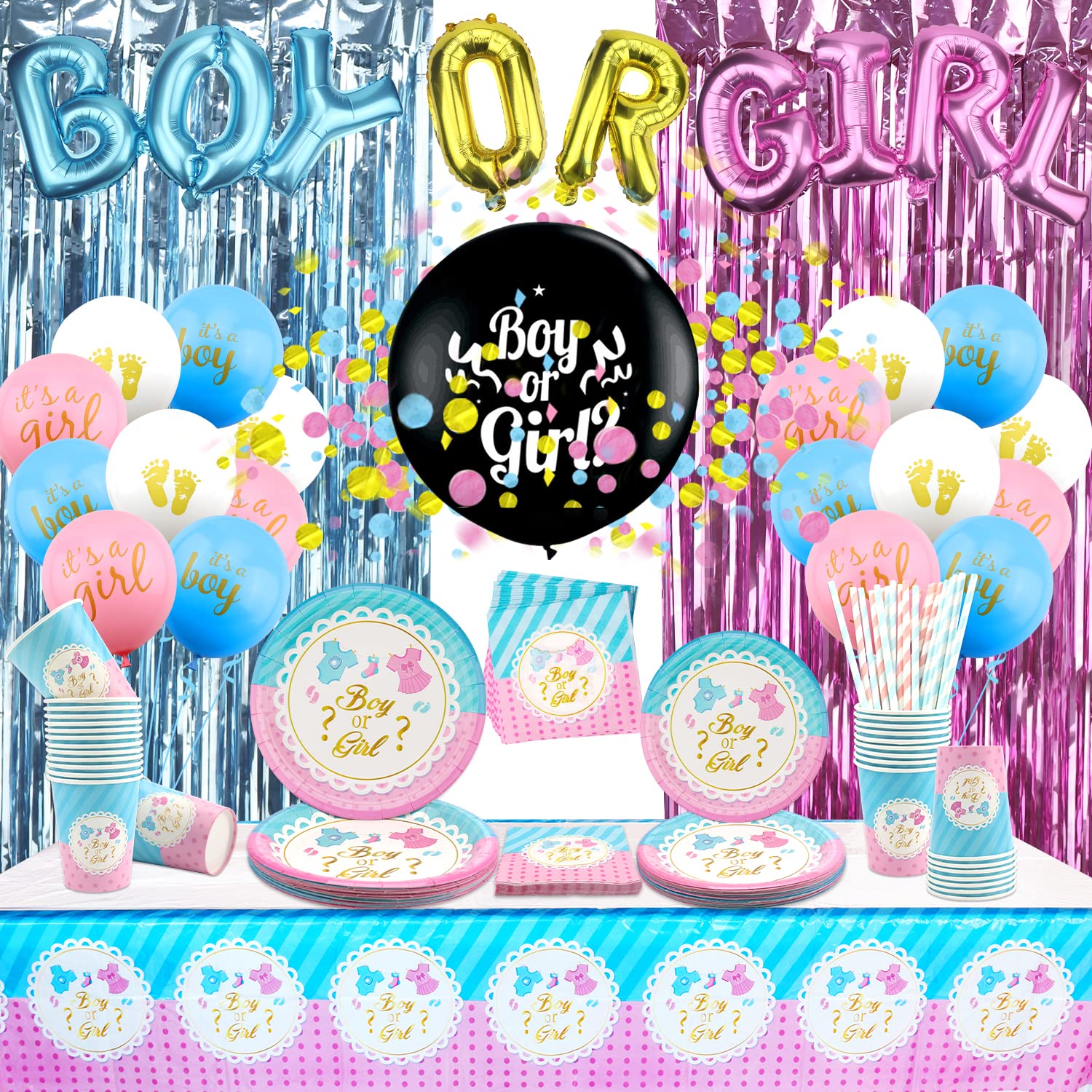 Gender Reveal Decorations, Including Boy or Girl Banner, Plates ,Tablecloth, 36 Inch Reveal Balloon, Napkins,Cups, Straw, Foil Curtains, Tableware for Gender Party Supplies Serves 25 Guests