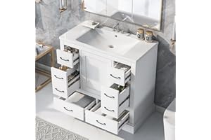 LUMISOL 36" Bathroom Vanity with Sink, Single Vanity with 6 Drawers & Soft Closing Doors, Free Standing Bathroom Cabinet with Sink and Countertop, Adjustable Shelf, Solid Wood Frame, White