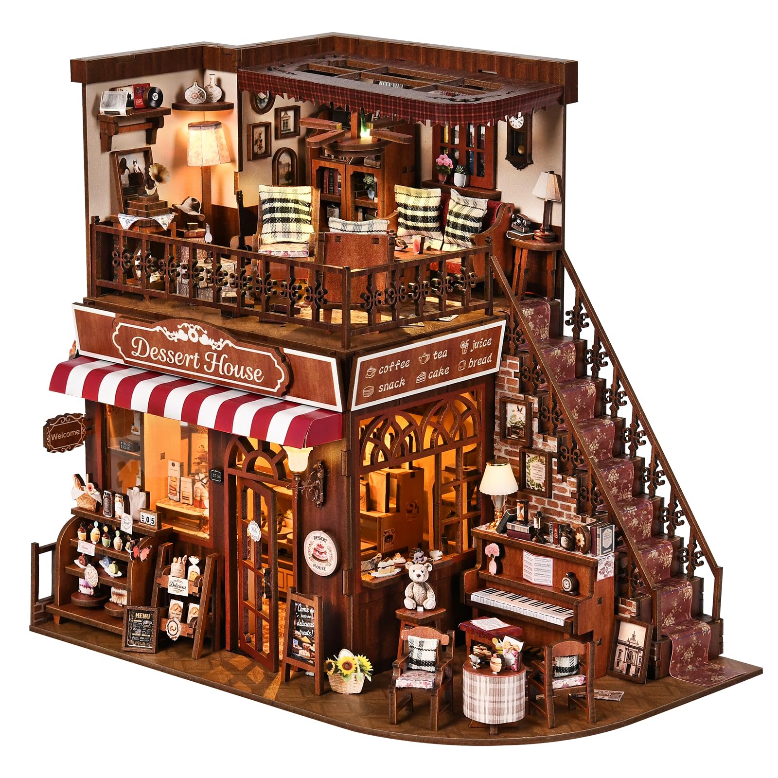 ETKVR Miniature Dollhouse Kit, DIY Mini House Kit for Adult, 3D Wooden Puzzle Book Nook Kit with LED Light, Diorama Building Bookshelf Decor Gifts for Family Friends - Corner Dessert House