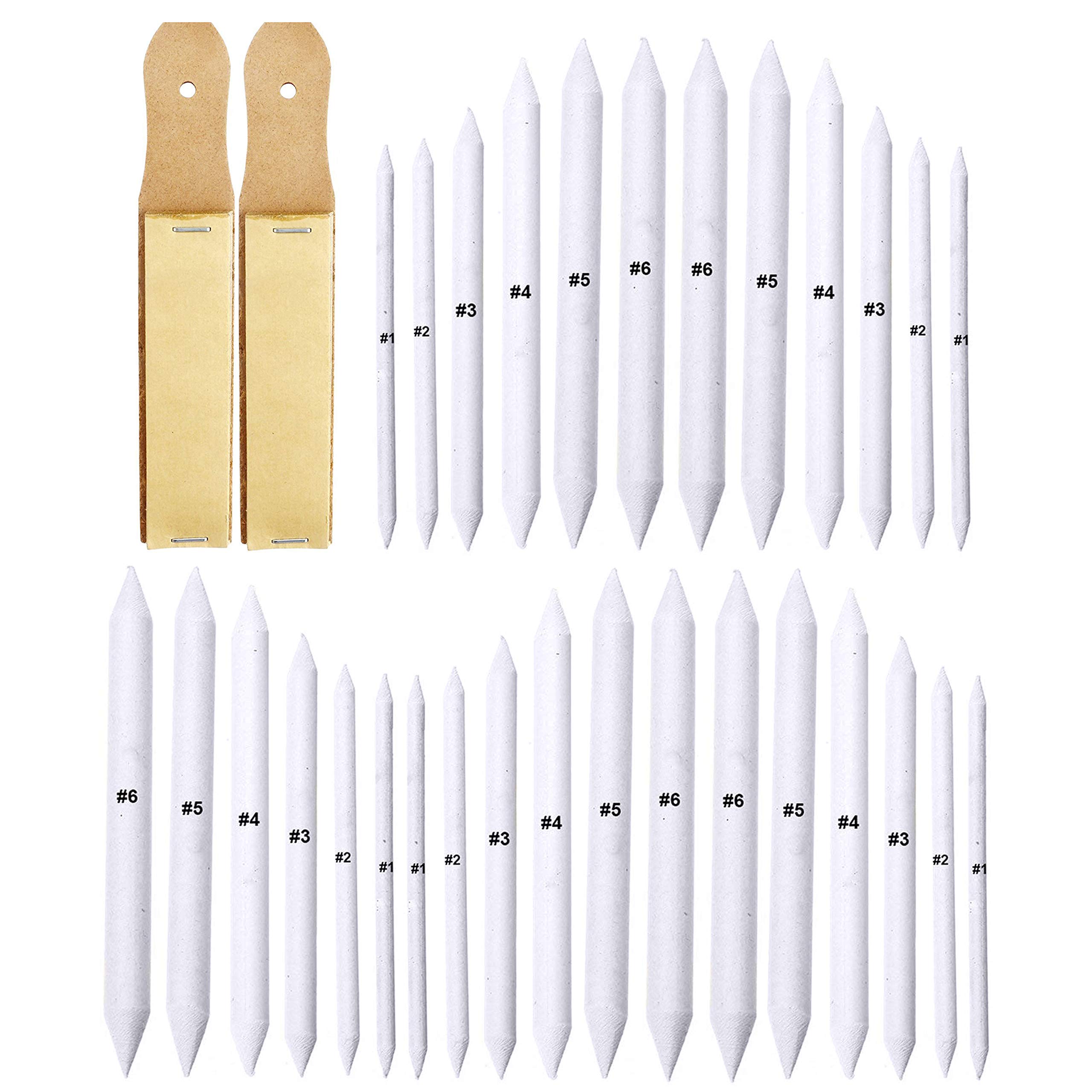 Cettkowns 30 Pieces Paper Blending Stump and Tortillions Set with 2 Pieces Sandpaper Pencil Sharpener for Student Sketch Drawing, 6 Sizes