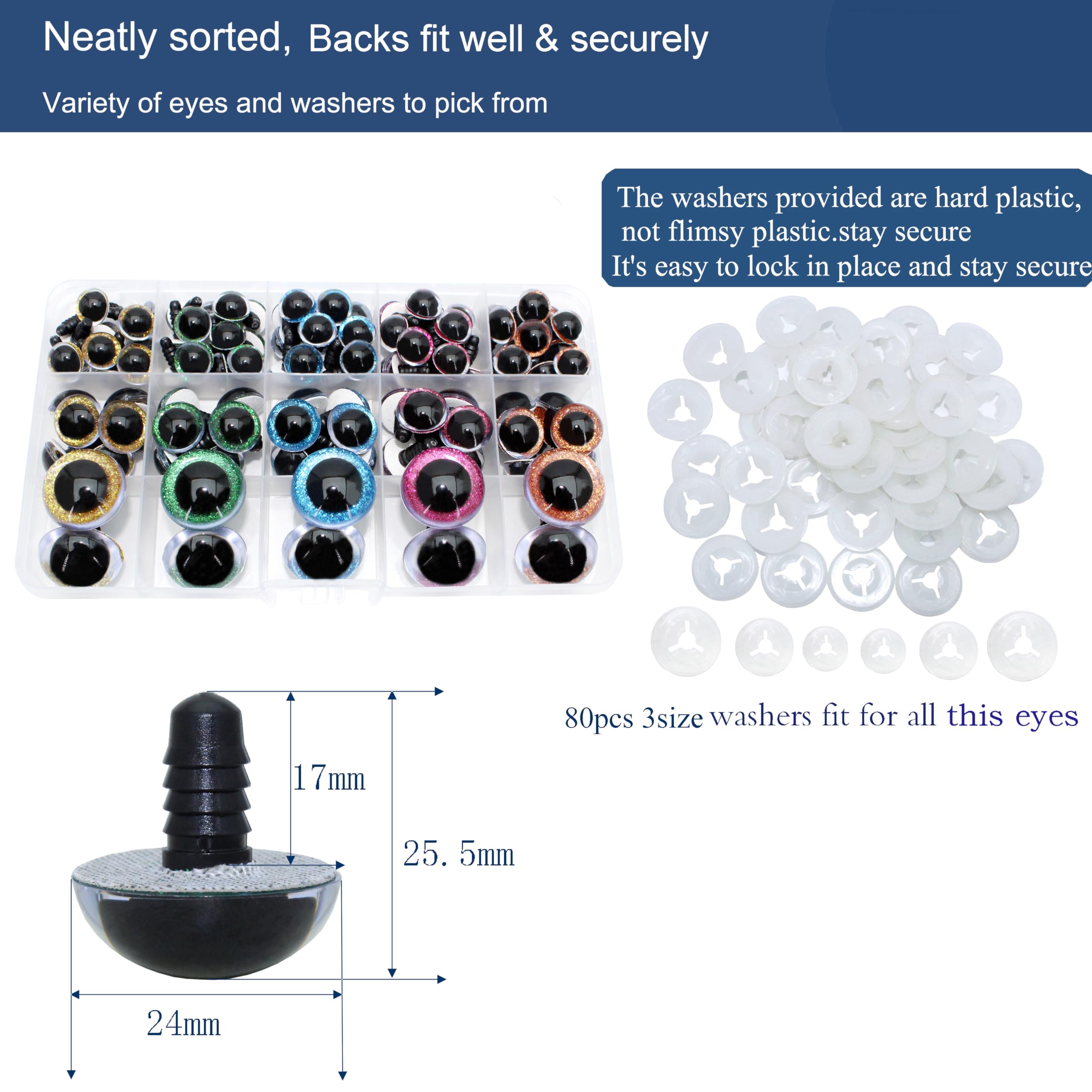 BESTCYC 1Box(80pcs) 12/16/24MM 5Colors Plastic Safety Eyes Glitter Craft Eyes Threaded Shank Design Stuffed Animal Eyes with Washers for DIY Puppet, Toy, Doll DIY Making Supplies