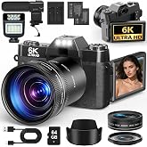 Camtryzine 6K Digital Camera, 64MP Vlogging Camera for YouTube, WiFi | AF, 3" Flip Screen, 16X Zoom, 18 Filters, Webcam, Time-Lapse, Slow-Mo, 64GB Card, 2 Batteries, Compact &amp; Lightweight (Black)