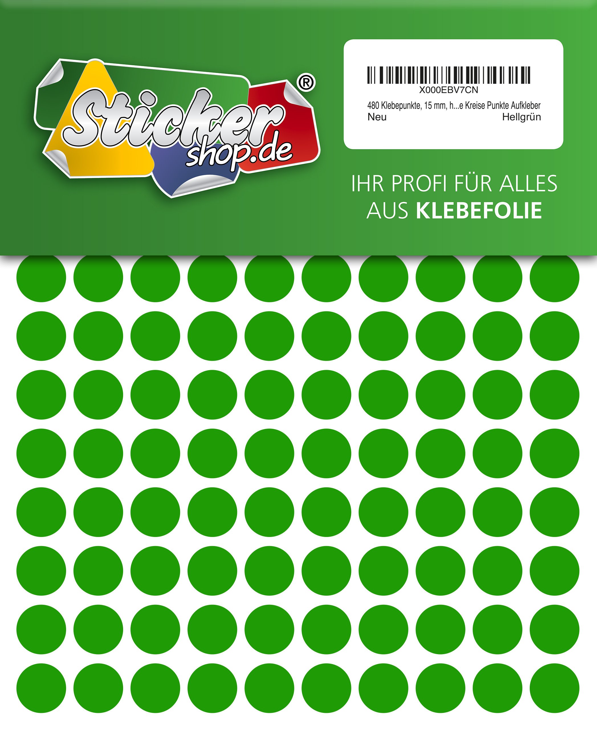 480 adhesive dots, 15 mm, light green, made of PVC film, weatherproof, marking dots, circles, dots stickers.