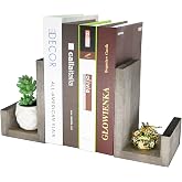 OwlGift Vintage Gray L-Shaped Solid Wood Bookends, Decorative Bookends w/Black-Tone Metal Supports, Non-Skid and Sturdy to Hold Heavy Books, 1-Pair