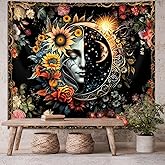 Sun and Moon Tapestry,Psychedelic Mystic Floral Tapestry Wall Hanging Modern Aesthetic Tapestry Hippie Boho Wall Art for Home Decor Bedroom Living Room Wall Decor Gift 59x51in