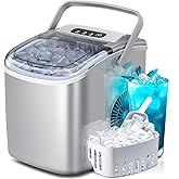 Portable Countertop Ice Maker Machine with Handle, 9 Bullet-Shaped Ice Cubes Ready in 6 Mins, 26Lbs/24H, Self-Cleaning Function with Ice Scoop and Basket for Home/Kitchen/Party (Grey)