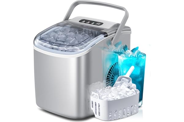 Portable Countertop Ice Maker Machine with Handle, 9 Bullet-Shaped Ice Cubes Ready in 6 Mins, 26Lbs/24H, Self-Cleaning Function with Ice Scoop and Basket for Home/Kitchen/Party (Grey)