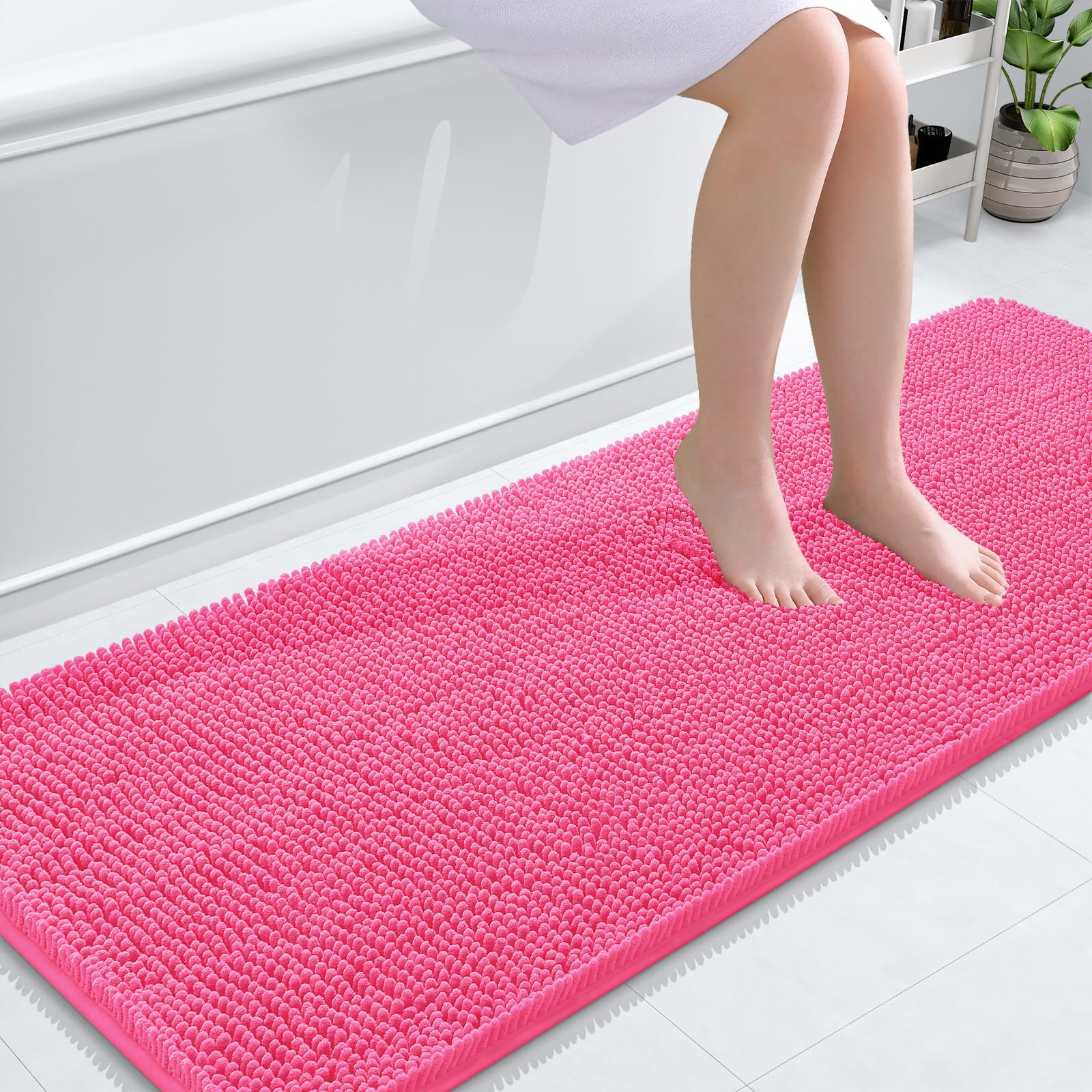 Photo 1 of OLANLY Bathroom Rugs 59x24, Extra Soft Absorbent Chenille Bath Rugs, Rubber Backing Quick Dry, Machine Washable Bath Mats for Bathroom Floor, Tub and Shower, Home Decor Accessories, Hot Pink