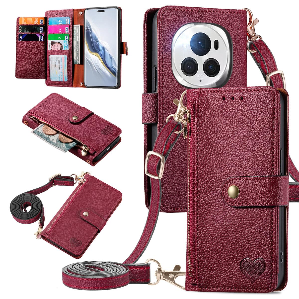 MOJIA Flip Case For Honor Magic 6 Pro / Magic6 Pro, Leather Zipper Flip Wallet Case Cover [with Shoulder Belt], Card Holder Multifunctional Anti-fall Phone Shell. Red — image 1