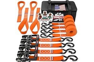 Vehiclex Motorcycle Ratchet Tie Down Straps with Soft Loops - 4PK Heavy Duty 1.5" x 8ft Kit, 4,400 lb Breaking Strength for Powersports, Orange