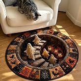 3D Haunted Staircase Round Rug – Halloween Optical Illusion Area Mat, 39in | Spooky Depth Visual Effect Carpet, Quilted Non-Slip Halloween Area Mat for Indoor Doorway Bedroom Halloween Party Home Decor