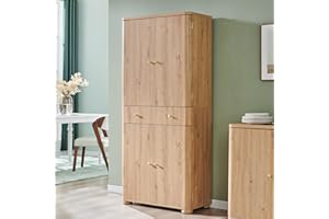 IFGET 71" Tall Kitchen Pantry, Modern Curved Pantry Storage Cabinet with 4 Doors and 6 Adjustable Shelves, Cupboard for Kitchen, Dining Room, Living Room and Bathroom, Natural