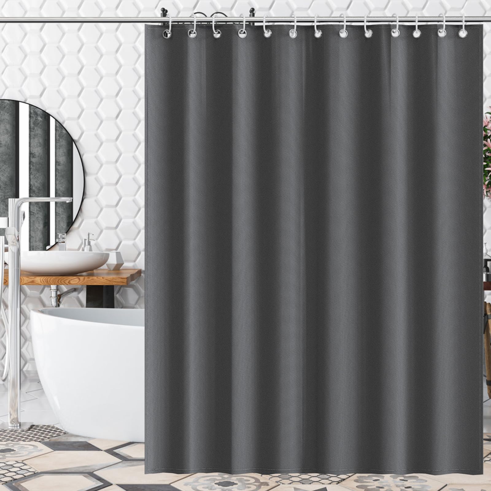 AKHTART Shower Curtain 100% Polyester, Extra Long Shower Curtain with 12 Hooks, Washable and Easy to Dry, Anti-Bacterial Mildew Resistant, 180 x 180 cm Bathroom Curtains (Grey)