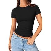 ForeFair Womens Casual T Shirts Summer Tops Short Sleeve Going Out Crop Tops Crew Neck Slim Fitted Basic Ruched Tee
