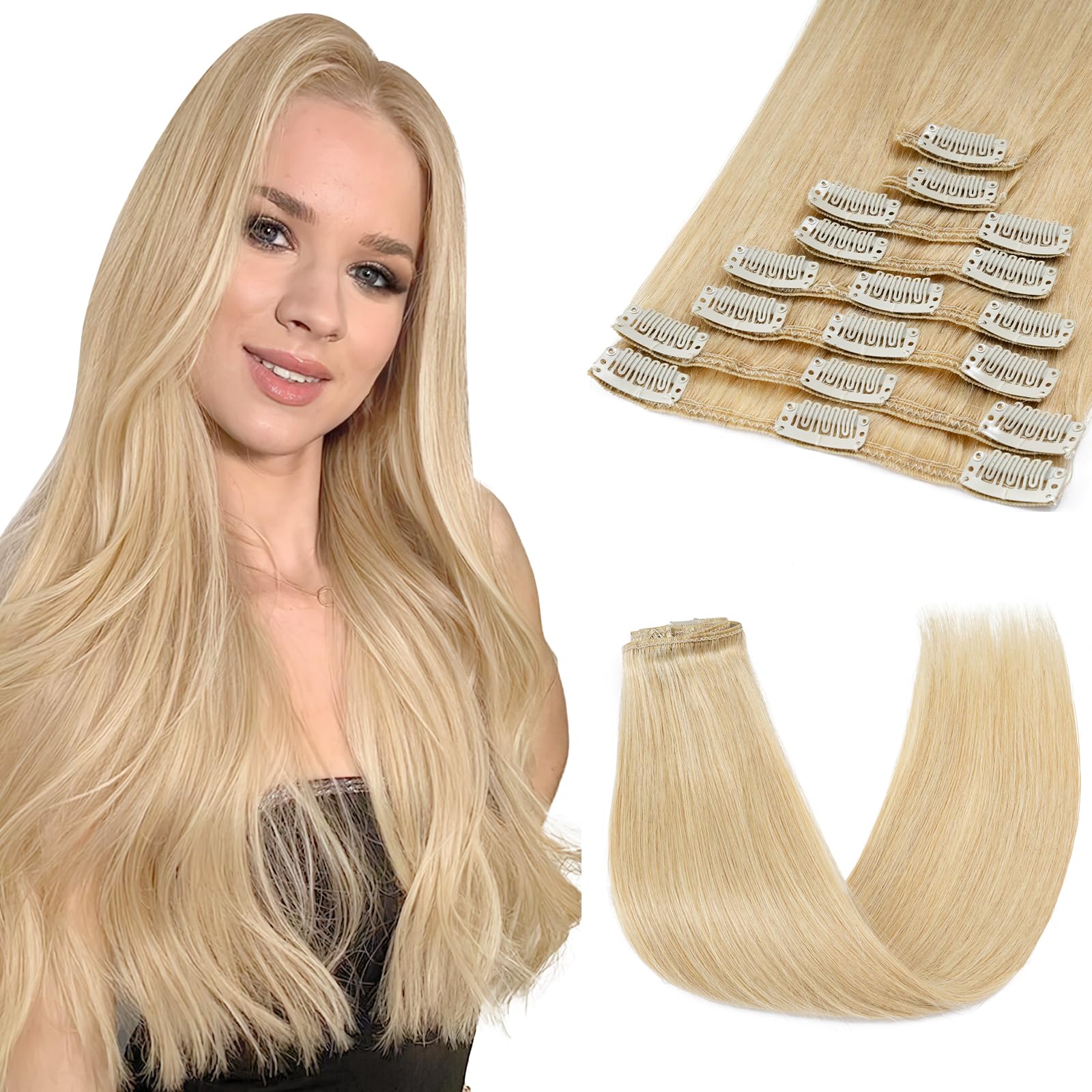 SEGOHAIR 8 PCS Hair Extensions Clip in Real Human Hair, 10 inch Thin Full Head Human Hair Extensions Straight - Golden Blonde(50g) — image 1
